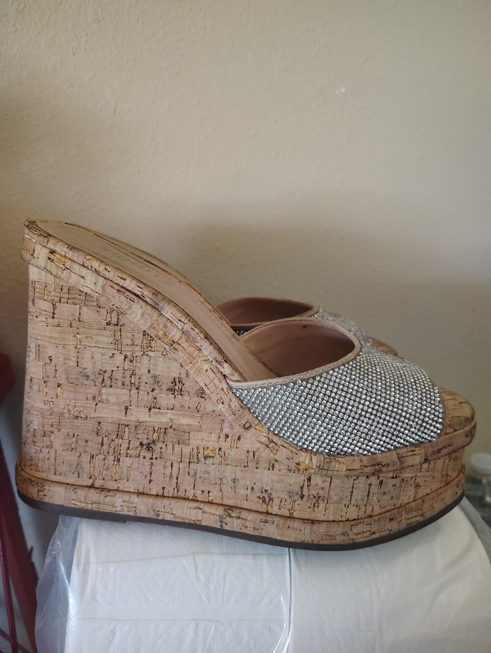 Shultz Wedge Platform Slide Sandals with Rhinestone Upper - Silver/Beige